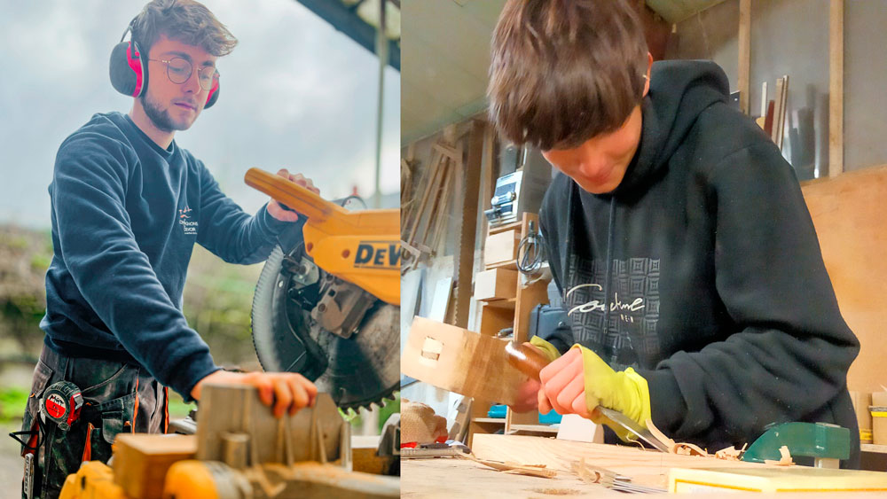 Mattéo et Mathis, les apprentis en train de façonner du bois.