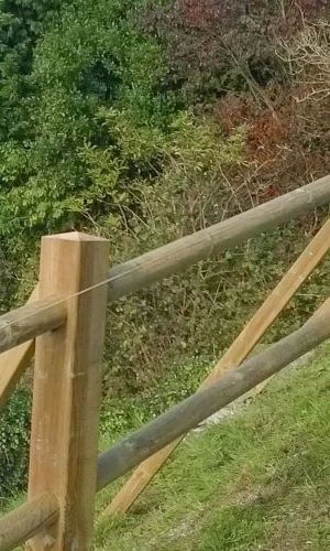 Aménagement d'une balustrade en pin traité classe 4 ; sur ancre métallique dans le sol ; renforcement par écharpe