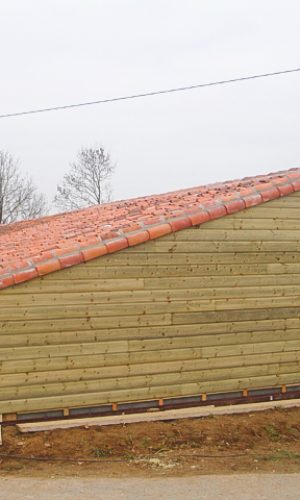 Hangar garage avec ferme moisée sur poteau ; ossature bois sur 2 faces avec bardage pin traité classe 4.